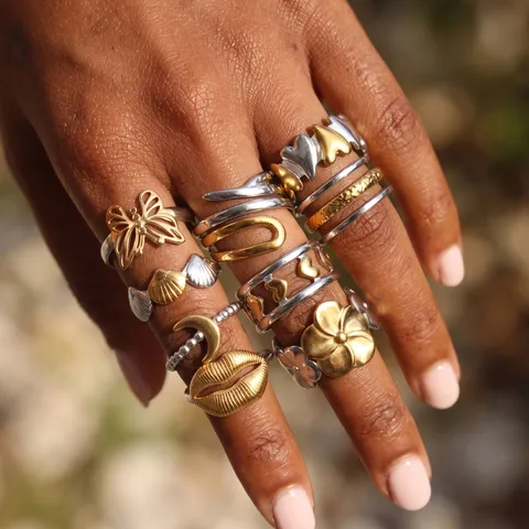 Nischen Edelstahl Offener Ring Damen Gold Silber Zweifarbig Blume Mond Herz Schmetterling Geometrisch Verstellbarer Fingerring Schmuck