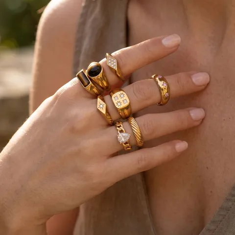 Vintage Edelstahl Geometrische Ringe Für Damen Gold Vergoldet Eingelegte Strass Muschel Tigerauge Mode Zeigefinger Ring Schmuck
