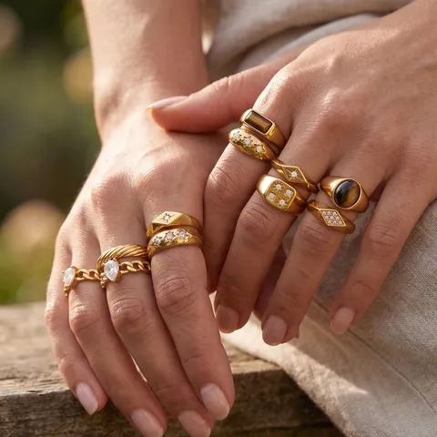 Vintage Edelstahl Geometrische Ringe Für Damen Gold Vergoldet Eingelegte Strass Muschel Tigerauge Mode Zeigefinger Ring Schmuck