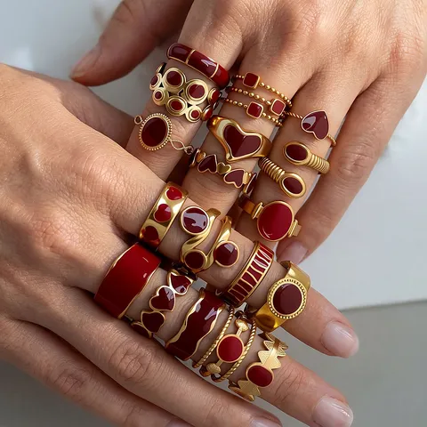 Roestvrij Staal Open Verstelbare Ring Wijnrode Emaille Geometrische Hart Stapelbare Vingerring Mode Sieraden Voor Vrouwen