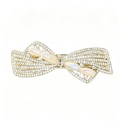 Large Rhinestone Bow Spring Clip Hairpin Elegant Alloy Artificial Pearl Hair Accessory Gold Bow Knot Hair Clip For Women