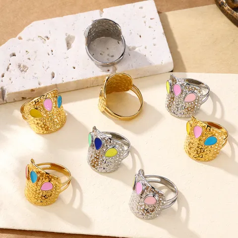 Anello Aperto in Acciaio Inossidabile Martellato Smaltato per Uomo Donna Stile Hip Hop Colorato a Goccia Anello Regolabile