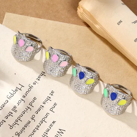 Anello Aperto in Acciaio Inossidabile Martellato Smaltato per Uomo Donna Stile Hip Hop Colorato a Goccia Anello Regolabile