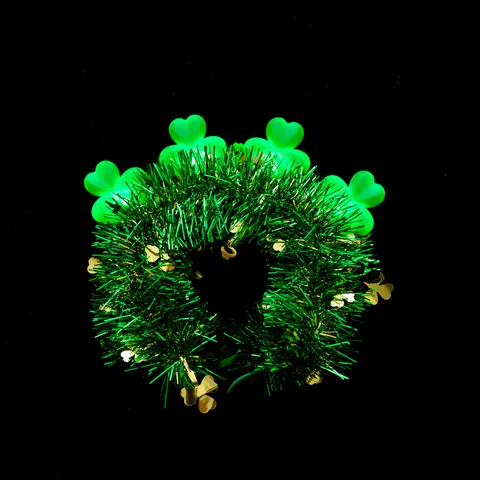 Led Glowing Clover Headband For St Patrick Day Green Glitter Tinsel Kids Hair Hoop Party Holiday Decoration Light Up Headwear