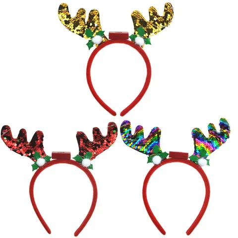 Serre-tête LED Lumineux de Noël en Forme de Bois de Renne à Paillettes Accessoires de Fête Rouge Or Multicolore pour Femmes Enfants