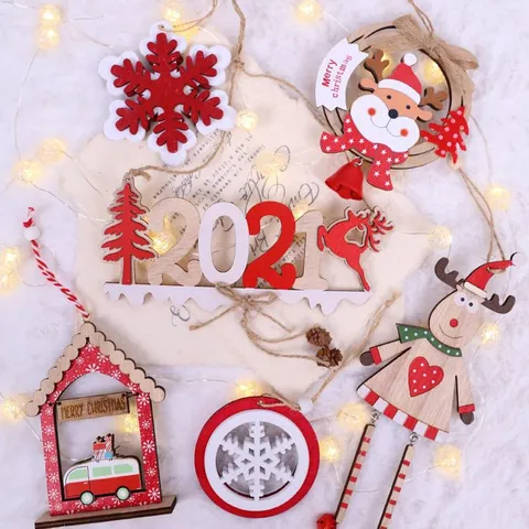 Weihnachten Holz Dekorationen Nussknacker Ornamente Weihnachtsmann Schneeflocke Anhänger Weihnachtsbaum Szene Layout Requisiten Party Zubehör