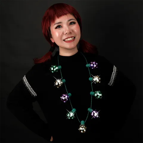 Mardi Gras LED Light Up Disco Ball Necklace With Bell Multiple Flash Modes Multicolor Glowing Beads Necklace For Carnival Party Music Festival