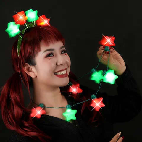 Christmas Glowing LED Star Necklace 7-Light Pentagram Flashing Lights Up Necklace For Party Concert Props Xmas Accessories