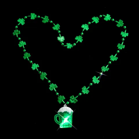 Collar Luminoso LED Día de San Patricio Perlas Trébol Verde Con Colgante Jarra de Cerveza Para Niños Adultos