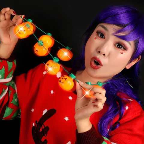 Halloween Pumpkin Led Light Up Glowing Necklace Orange Plastic Cartoon Pendant Charm Long Chain Necklaces Event Party Favor Decorations Costume Props Accessory Unisex