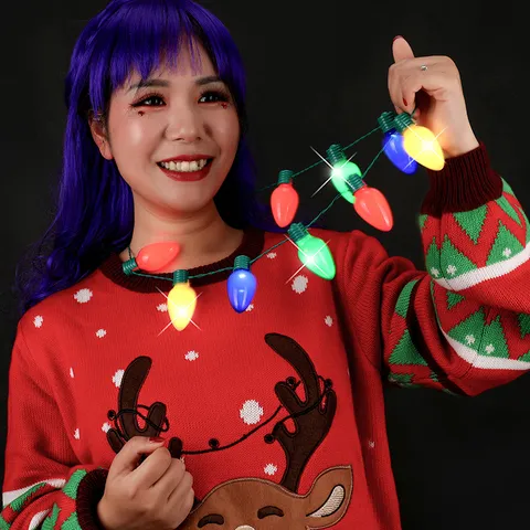 Christmas LED Colored Light Bulbs Glowing Necklace Holiday Party Prop Festive Decorative Necklace For Women Men