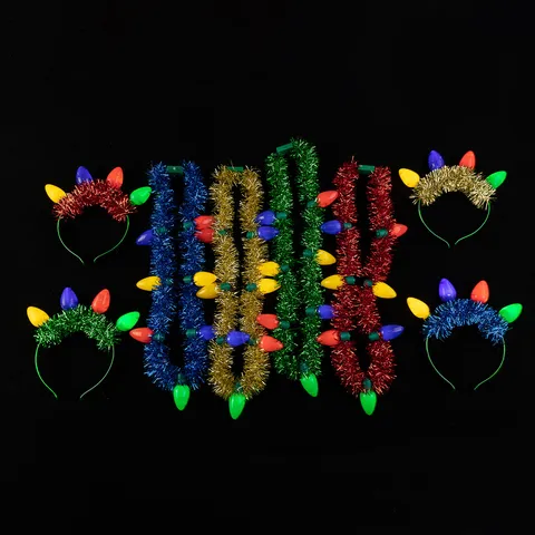 Christmas Light Up LED Bulb Headband Tinsel Festive Party Hair Hoop Glitter Holiday Headwear Accessories