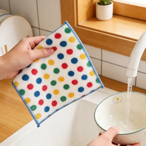 Coral Fleece Kitchen Cleaning Dishcloth Microfiber Absorbent Dish Towel With Lanyard Household Scouring Pad