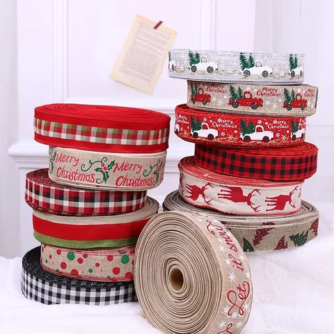 Weihnachten Dekoratives Juteband Karo Rentier Schneeflocke Druck Stoffbänder Für Geschenkverpackungen Weihnachtsbaumschmuck Party Dekor