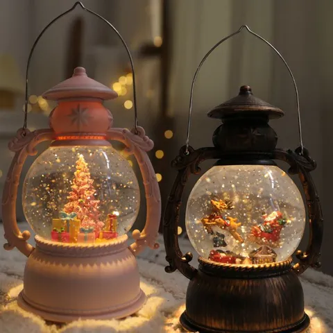 Christmas Retro Wind Lantern Snow Globe LED Light Music Ornament Indoor Tabletop Home Decor Holiday Party Decoration