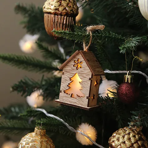 Christmas Wooden Luminous House Pendant Hollow Out Star Snowflake Wood House LED Hanging Decoration Xmas Tree Home Decor