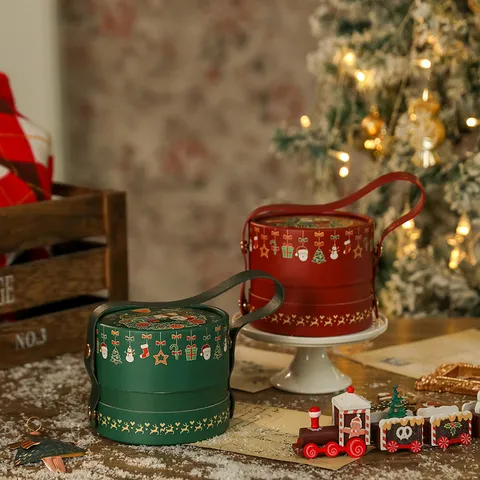 Runde Weihnachtsgeschenkboxen Tragbare Heiligabend Süßigkeiten Apfel Verpackungsbox Mit Griff Weihnachtsmann Schneemann Rentier Muster