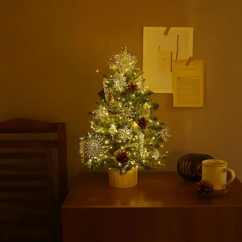 Beleuchteter Mini Weihnachtsbaum Für Tischdeko Künstliche Kiefernzapfen Kristall Schneeflocken Ornamente Holzsockel Festliche Deko