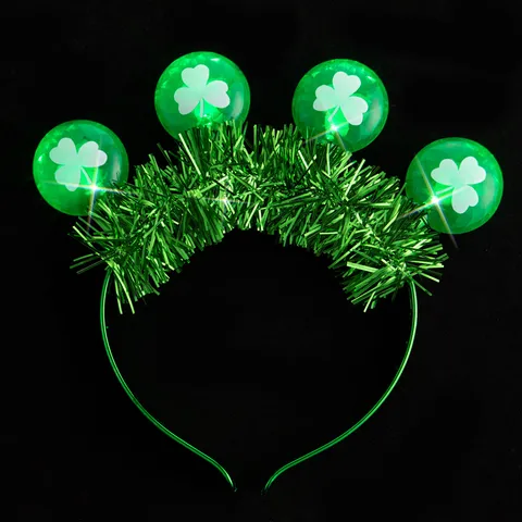 Glowing Clover Tinsel Headband Green LED Light Up Hair Hoop St Patricks Day Festival Party Hair Band Performance Props Headwear for Kids Adults
