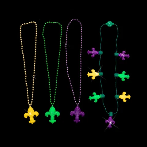 Mardi Gras Fleur De Lis LED Glowing Bead Necklace Plastic Resin Pendant Chain For Carnival Party Celebration Unisex Jewelry