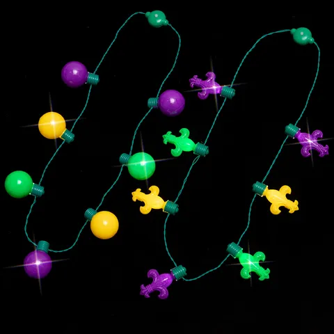 Mardi Gras LED Light Up Necklace Carnival Party Tinsel Garland Fleur-de-lis Bead Chain Costume Props Festive Headband Jewelry
