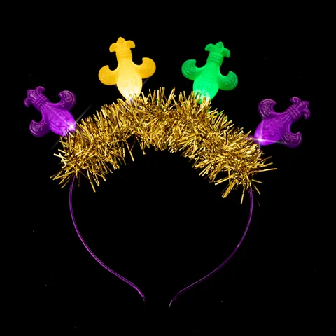 Mardi Gras LED Φωτιζόμενη Στέκα Κεφαλής Fleur De Lis Με Φούντες Λαμέ Για Πάρτι Καρναβαλιού Συναυλία Αξεσουάρ