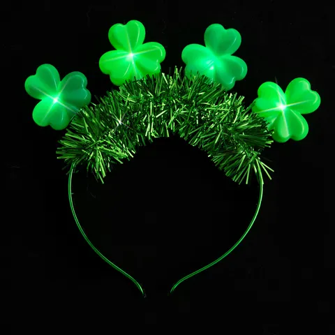 LED Light Up Shamrock Headband St Patricks Day Tinsel Glow Hair Hoop Green Clover Headpiece For Holiday Party Decor