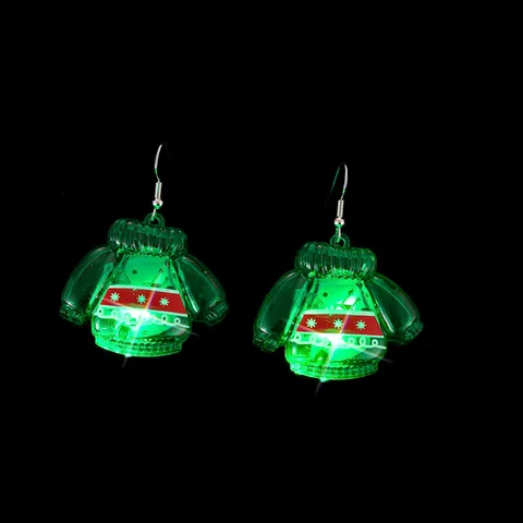 Cute Christmas Green Ugly Sweater LED Luminous Stud Earrings For Women Santa Claus Pattern Resin Earrings With 925 Sterling Silver Post