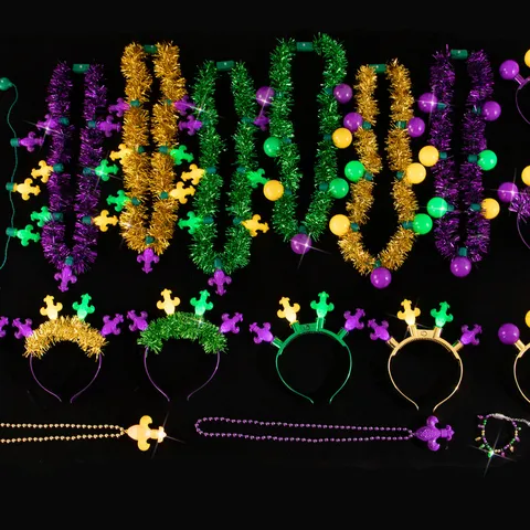 Mardi Gras LED Light Up Necklace Carnival Party Tinsel Garland Fleur-de-lis Bead Chain Costume Props Festive Headband Jewelry