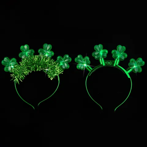LED Glowing St. Patrick's Day Headband Three-Leaf Clover Hairband Green Glitter Tinsel Headpiece Party Favors For Unisex Adults