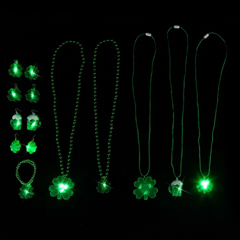 St. Patrick's Day LED Leuchtende Kleeblatt Halskette Ohrringe Grüne Kunststoff Anhänger Schmuck Für Party Dekoration