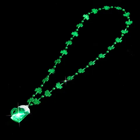 Collar Luminoso LED Día de San Patricio Perlas Trébol Verde Con Colgante Jarra de Cerveza Para Niños Adultos