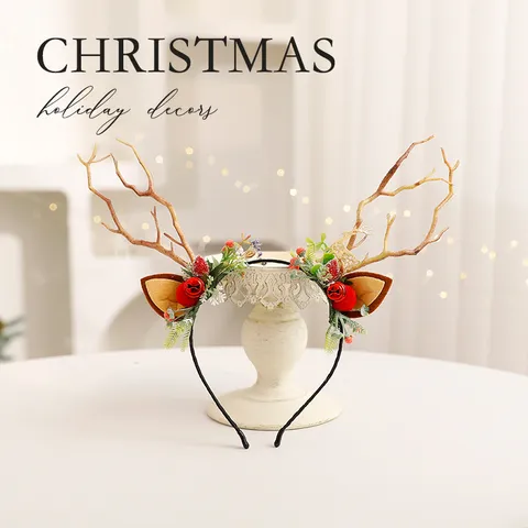 Serre-tête Bois de Cerf de Noël Fête Festive Anneau de Cheveux Cloche Pompon Corne de Cerf Accessoires pour Enfants Adultes