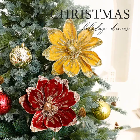 Künstliche Weihnachts-Magnolienblüte Glitzer Flanell Blumendekoration Für Weihnachtsbaum Feiertag Heimparty Dekor