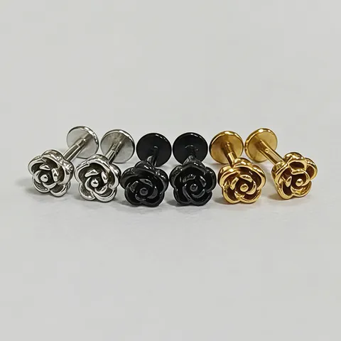 Unisex Roestvrij Staal Roos Bloem Labret Knop Piercing Sieraden Goud Zwart Zilver Toon Lip Oor Kraakbeen Ring