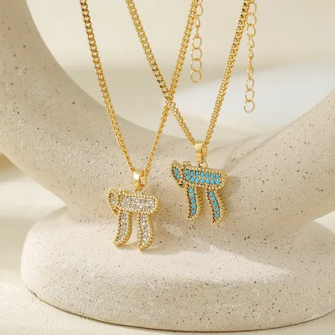 Collana con Ciondolo Lettera Ebraica Chai Rame Placcato Oro Strass Bianco Turchese Moda Gioielli Regalo Per Donne Uomini