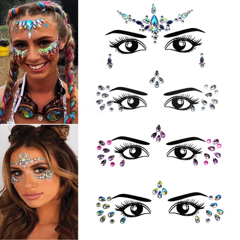 Edm Music Festival Face Rhinestone Stickers Holographic Crystal Face Jewels Gems Stage Makeup Temporary Tattoo Body Art