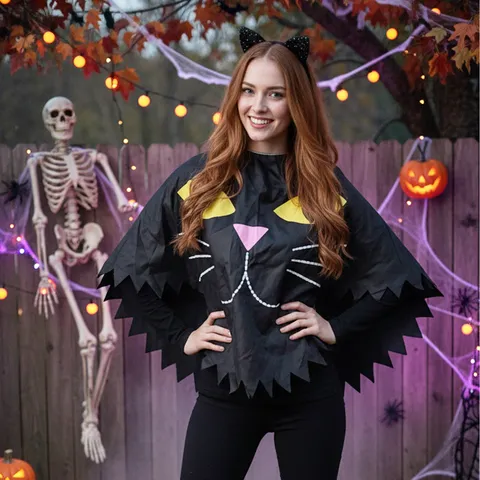 Halloween Black Cat Cloak Cute Animal Cosplay Cape Party Fancy Dress Costume Hooded Outerwear With Cat Face Design
