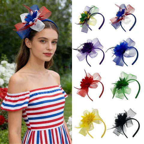 Vrouwen Veer Tule Bloem Hoofdband Middagthee Fascinator Hoed Elegante Feest Haaraccessoires Bruiloft Hoofdtooi