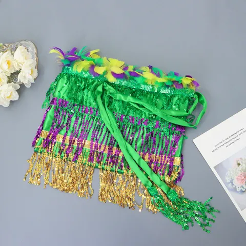 Carnival Sequins Fringe Waist Chain Skirt Feather Party Dance Performance Props Green Purple Gold Women Costume Accessories