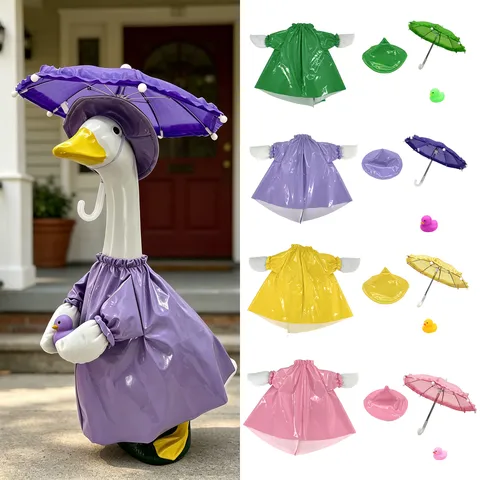 Veranda Gans Outfit Set Wasserdichter Regenmantel Regenschirm Hut Spielzeug Süß Hof Garten Rasen Dekor Kostüm Zubehör