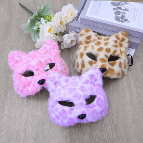 Halloween Peluche Léopard Chat Masque Visage Mignon Animal Demi-Masque Mascarade Costume Fête Accessoires Cosplay Performance