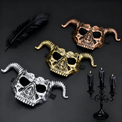 Halloween Ram Horn Skull Mask Retro Punk Cosplay Party Masquerade Costume Props Horror Face Mask Decoration