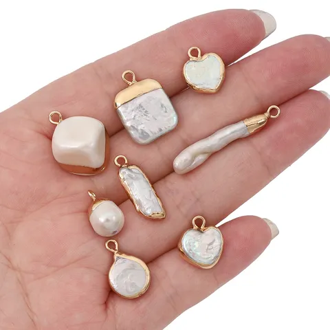 Natural Freshwater Pearl Gold Rimmed Pendants Irregular Heart Drop DIY Jewelry Making Accessories