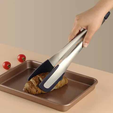 Pince Alimentaire en Acier Inoxydable Pince de Cuisine Avec Tête en Silicone Résistante à la Chaleur pour Cuisson Pain Steak Salade