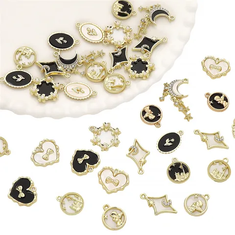 DIY Alloy Black White Enamel Tulip Star Moon Heart Bowknot Pendant Charms For Handmade Jewelry Making Accessories
