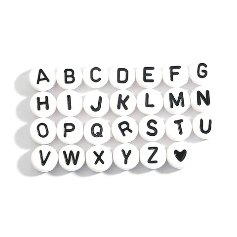 Acrylic Letter Beads Flat Round White Beads Black Letters DIY Craft Jewelry Making Accessories For Bracelets Necklaces