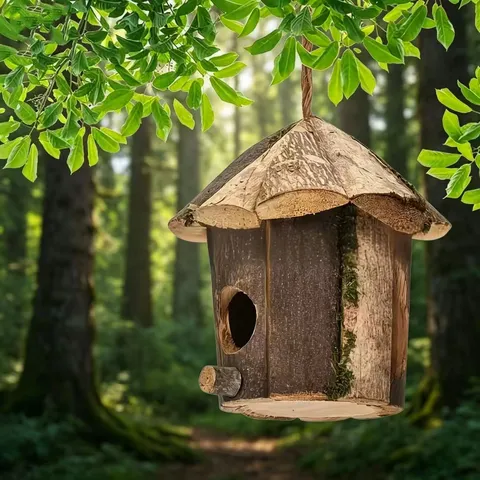 Rustic Wooden Bird House Natural Pine Wood Bark Moss Hanging Bird Nest Outdoor Garden Yard Tree Decoration Bird Supplies