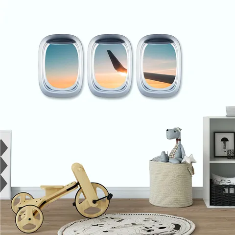 Adesivo da Parete Paesaggio Oblò Aereo 3D Rimovibile Autoadesivo PVC Decalcomania Decorativa per Soggiorno