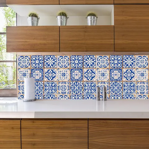 Adhesivos De Pared De Azulejos Azules Retro PVC Impermeable Autoadhesivo Mosaico Calcomanías Para Cocina Baño Decoración
